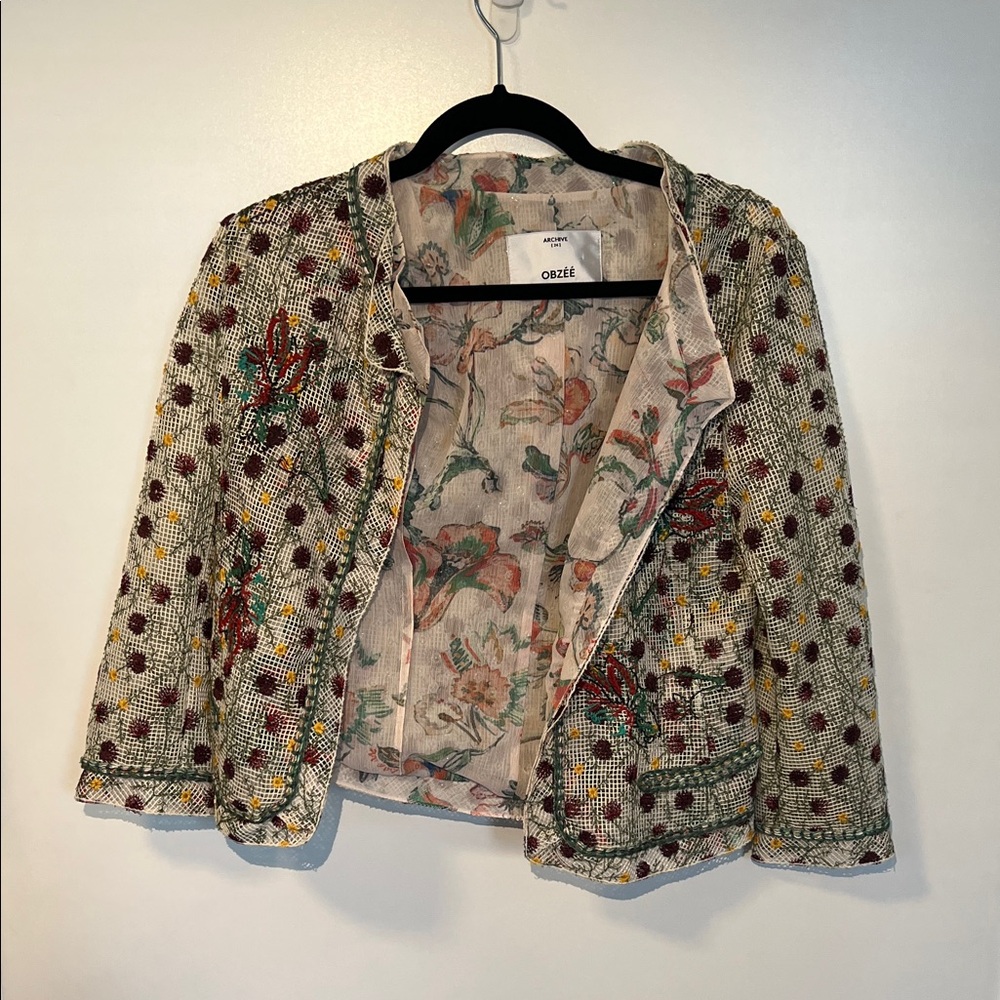 Women's Floral Embroidered Blazer - Cream and Multicolor